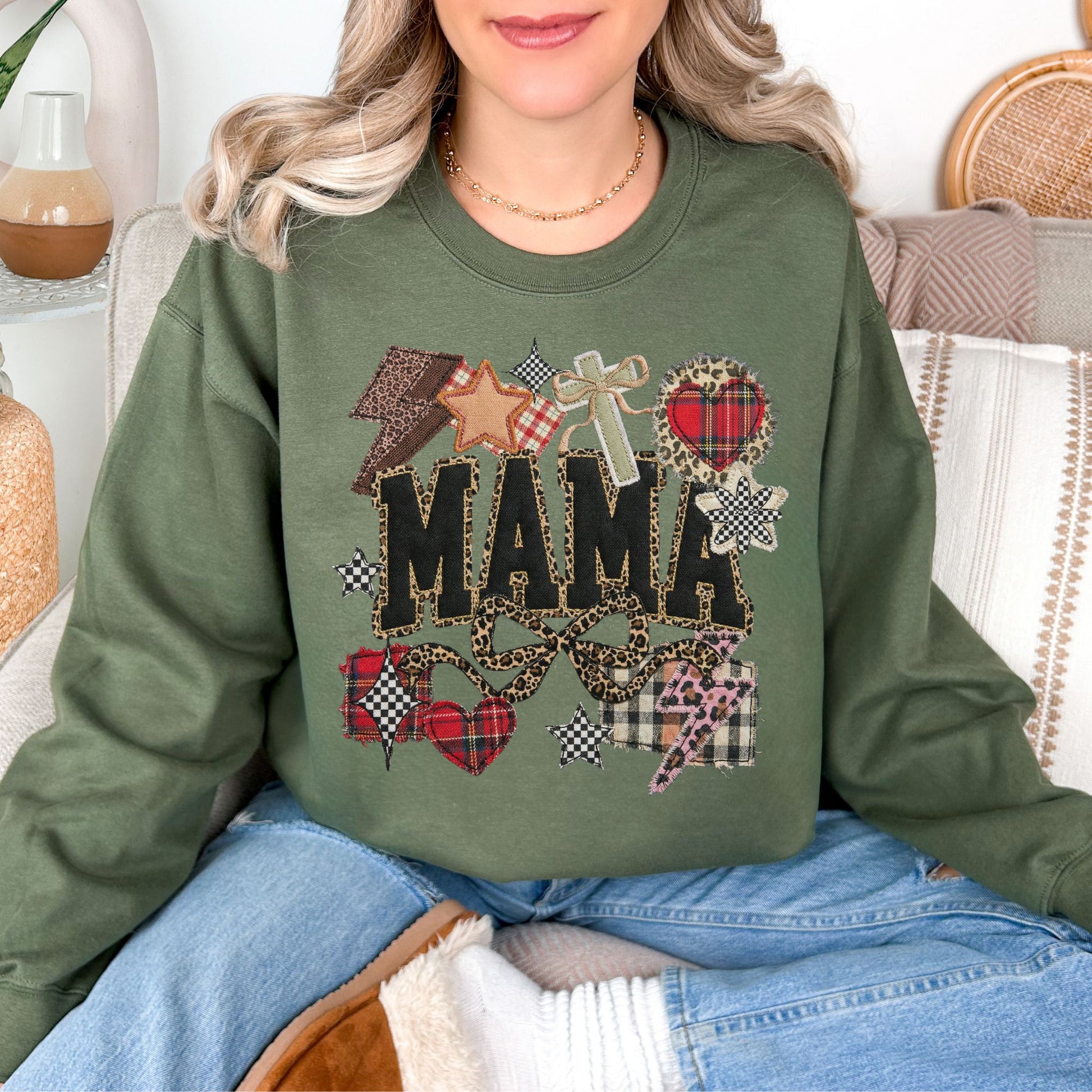 "Leopard Mama Faux Embroidery" graphic on muted olive green (military green) sweatshirt.