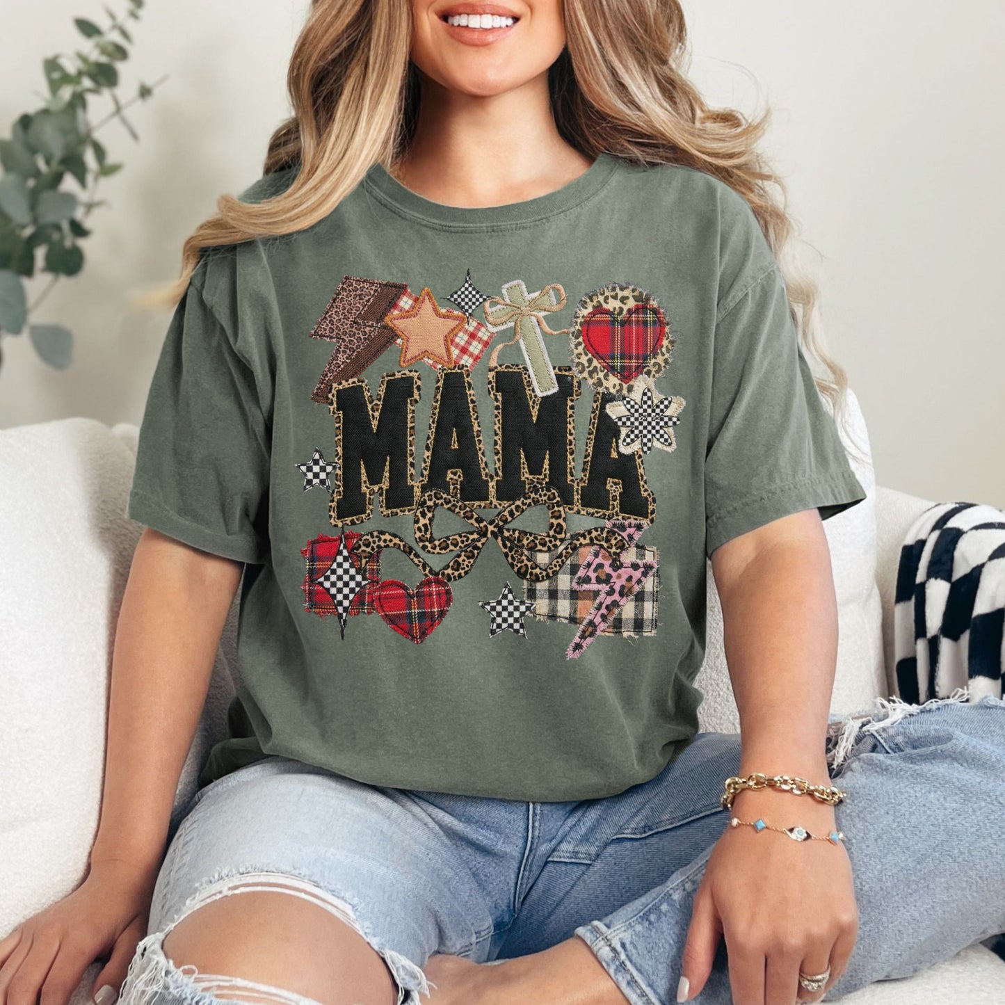 "Leopard Mama Faux Embroidery" graphic on muted earthy green (moss) t-shirt.