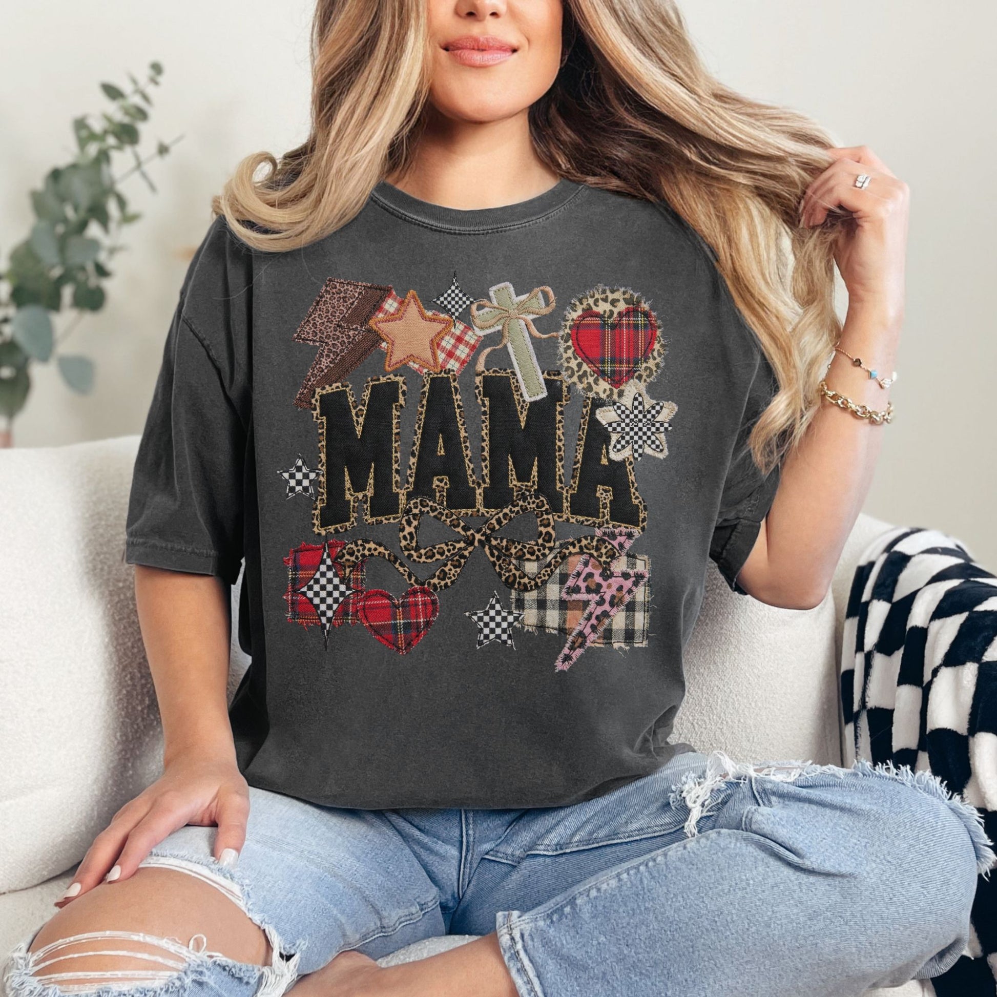 "Leopard Mama Faux Embroidery" graphic on dark charcoal gray (pepper) t-shirt.
