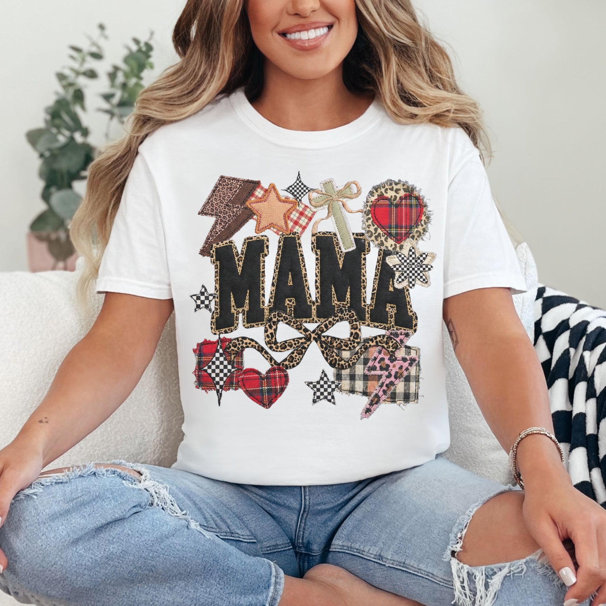 "Leopard Mama Faux Embroidery" graphic on a white t-shirt.