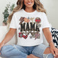 "Leopard Mama Faux Embroidery" graphic on a white t-shirt.