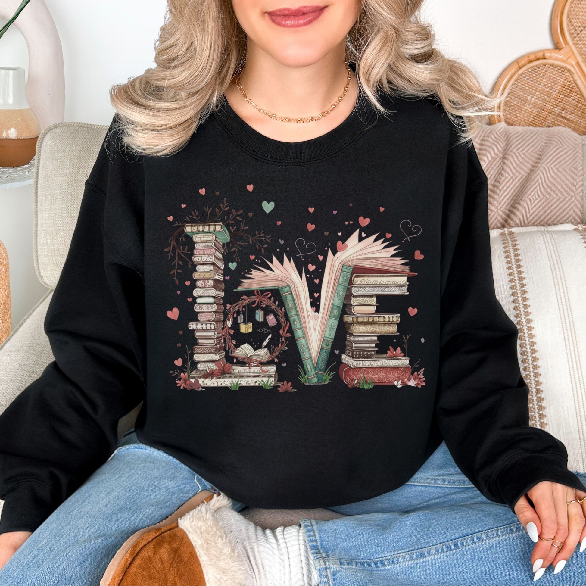 "Love Book Stack" graphic on deep black (black) sweatshirt