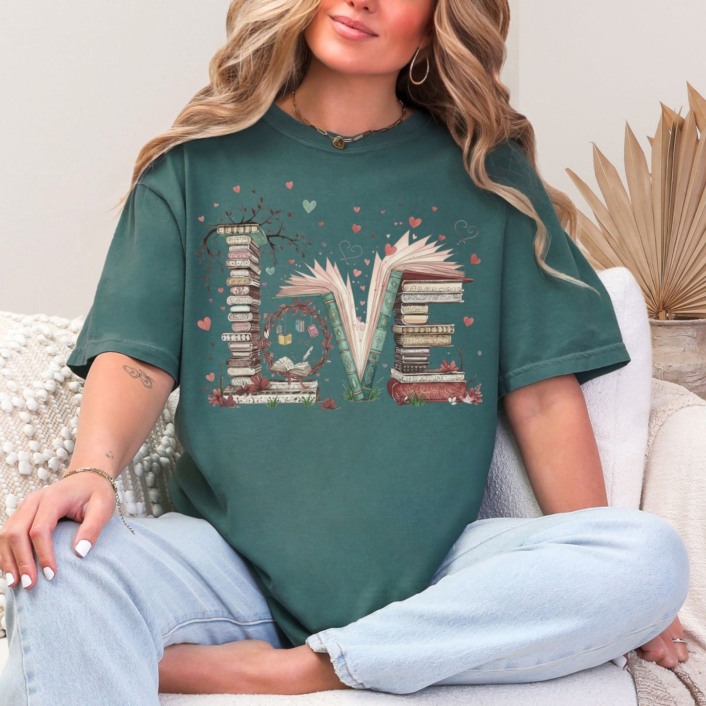 Love Book Stack graphic in muted blue-green (blue spruce)