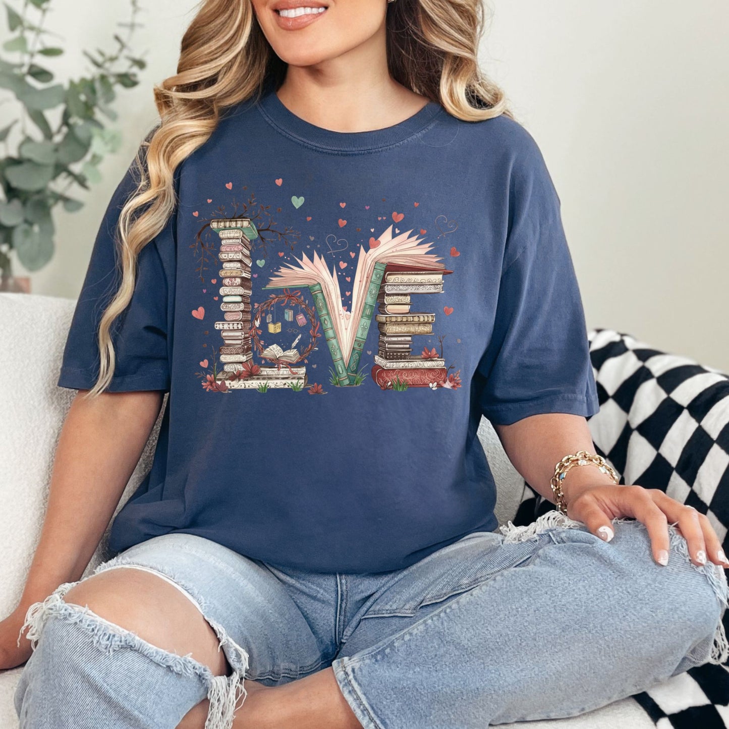 Love Book Stack graphic on deep navy blue (navy)