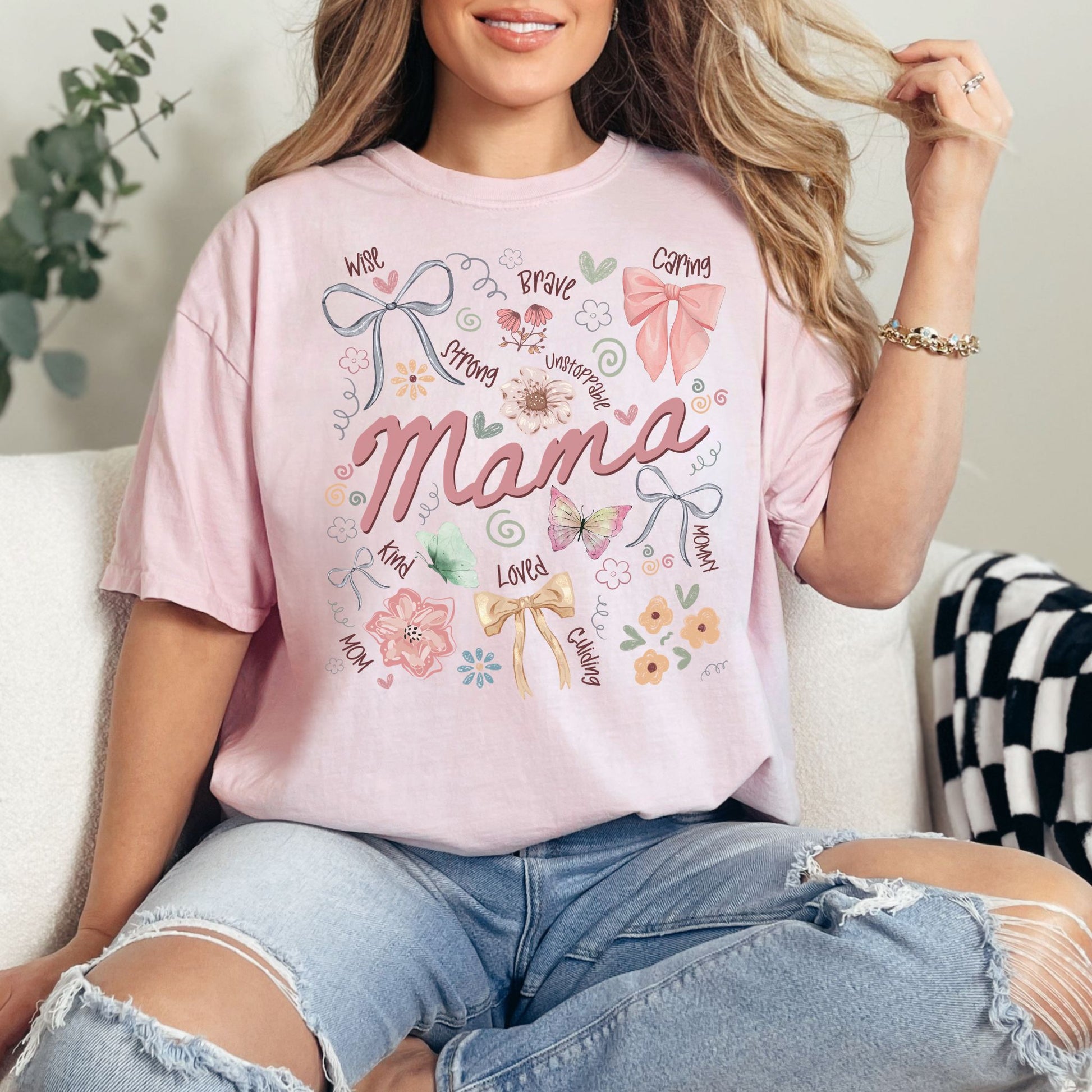 "Mama Coquette Doodle" graphic on soft pink (blossom) t-shirt.