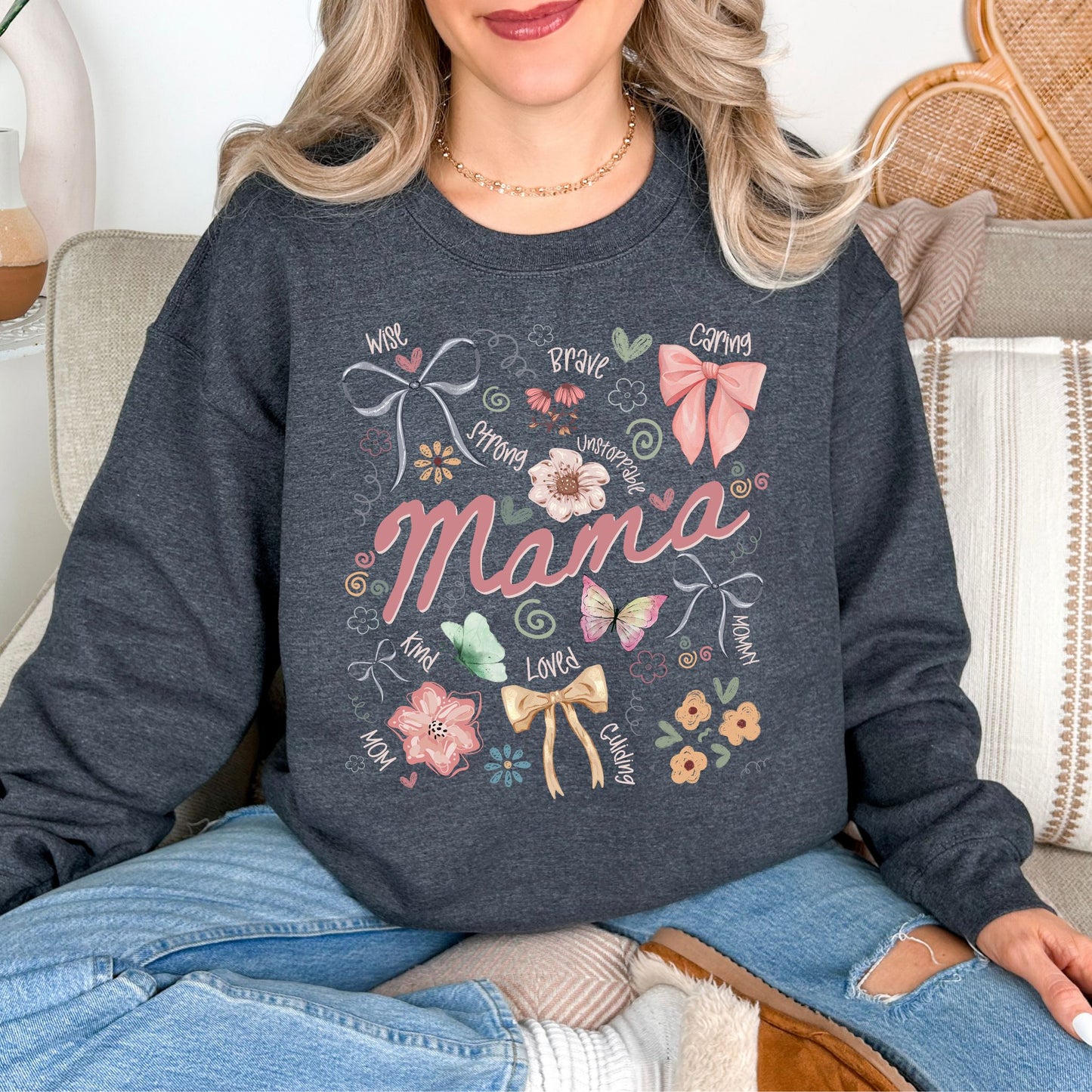 "Mama Coquette Doodle" graphic on medium-dark heather gray (dark heather) sweatshirt