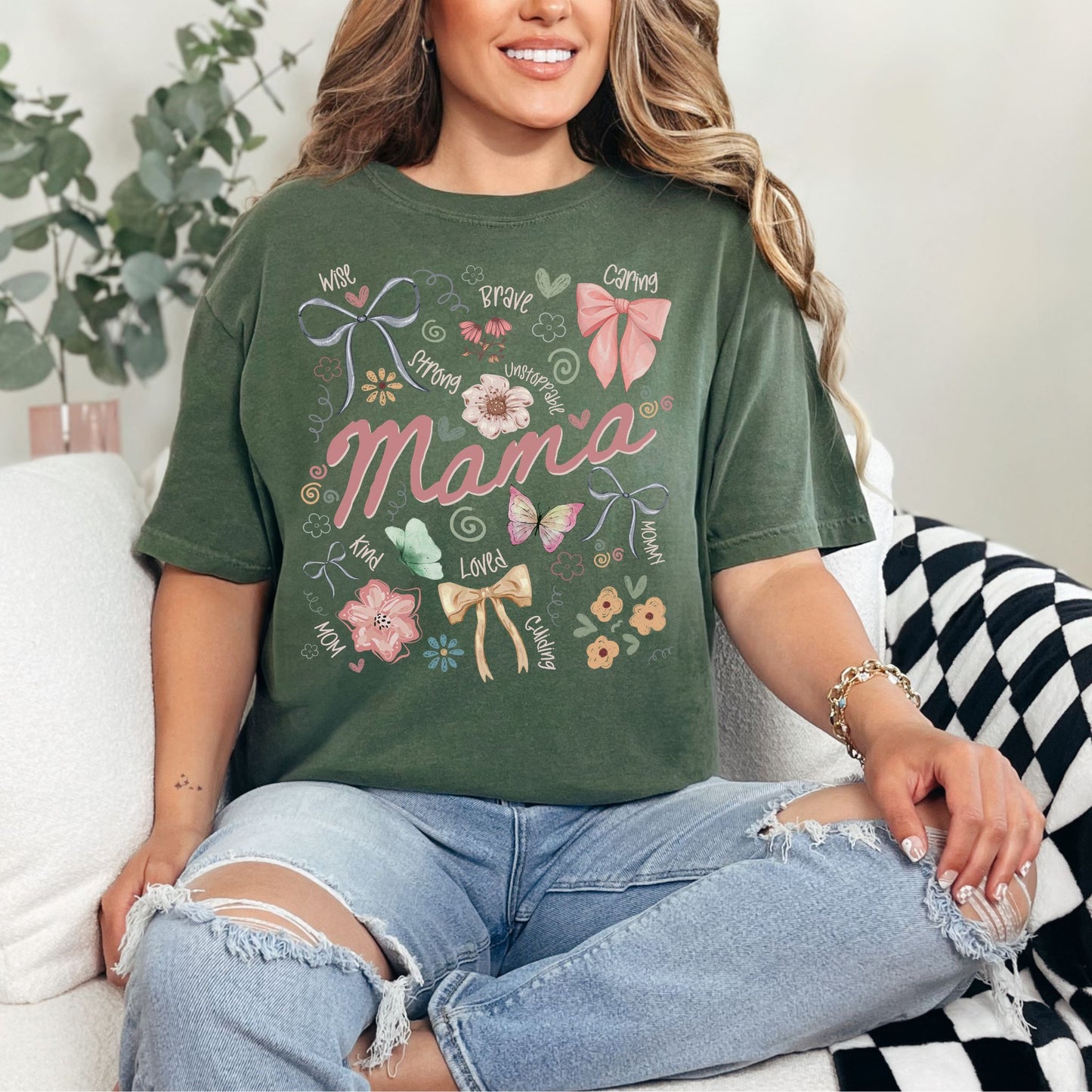 "Mama Coquette Doodle" graphic on muted earthy green-gray (hemp) t-shirt.