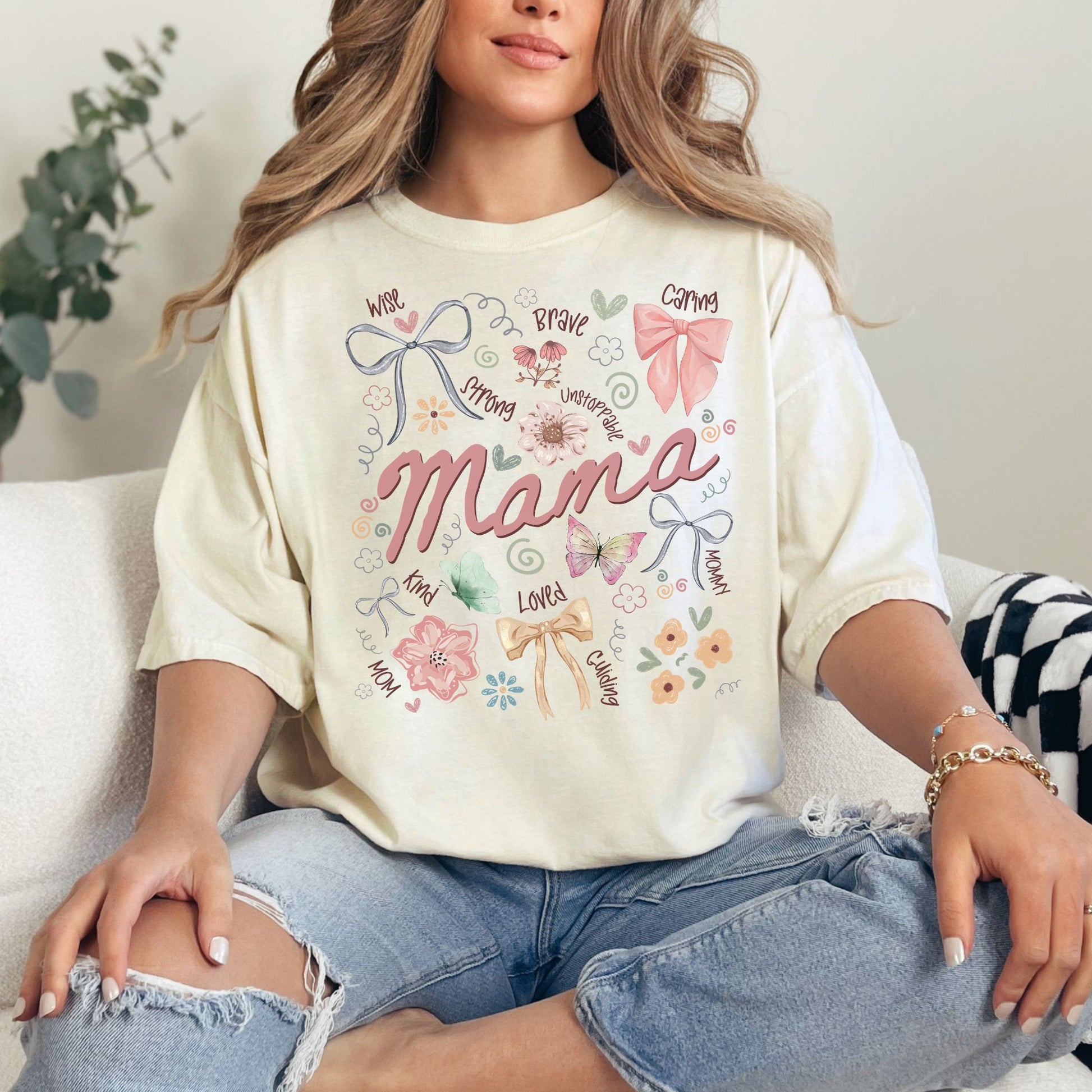 "Mama Coquette Doodle" graphic on soft off-white (ivory) t-shirt.
