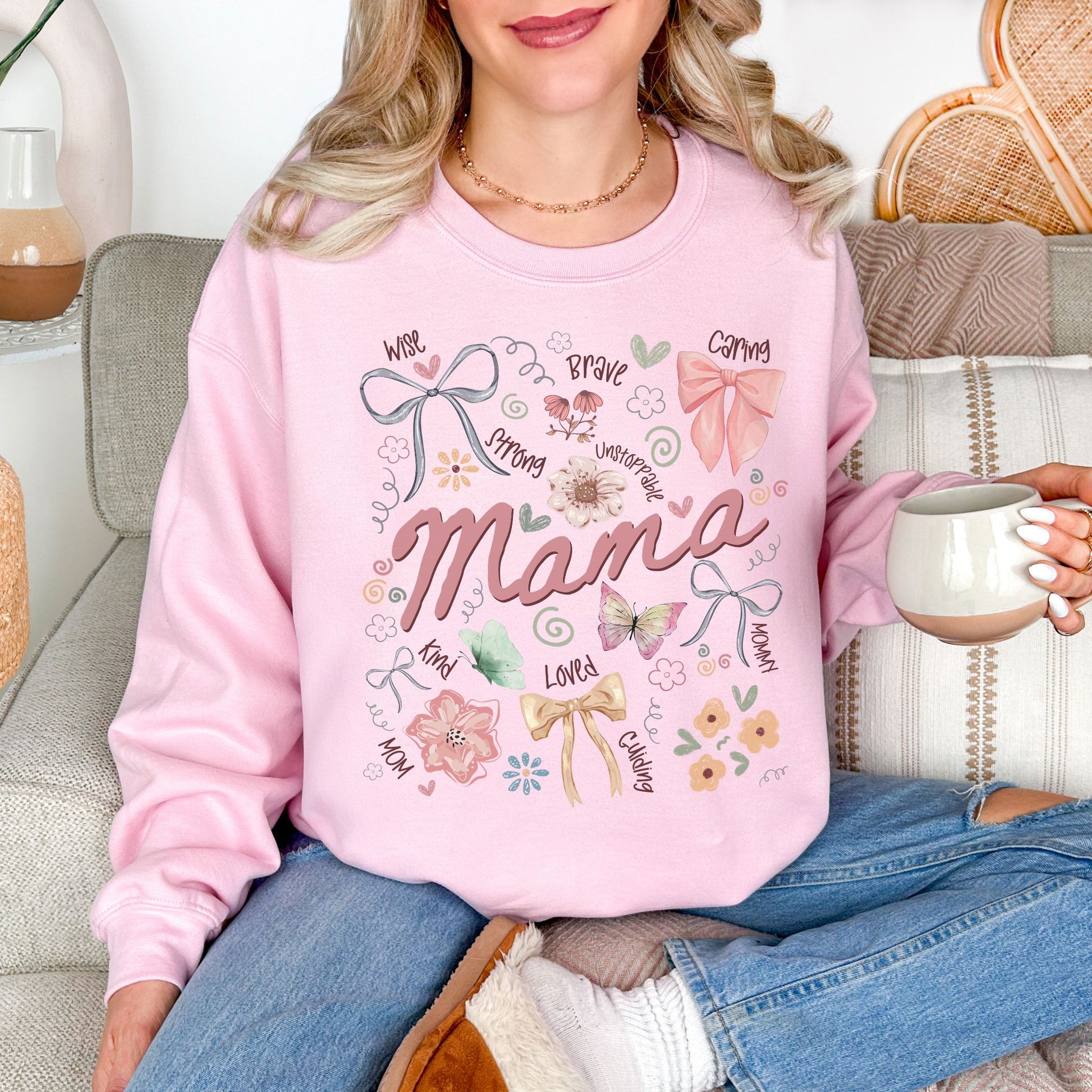 "Mama Coquette Doodle" graphic on soft pale pink (light pink) sweatshirt