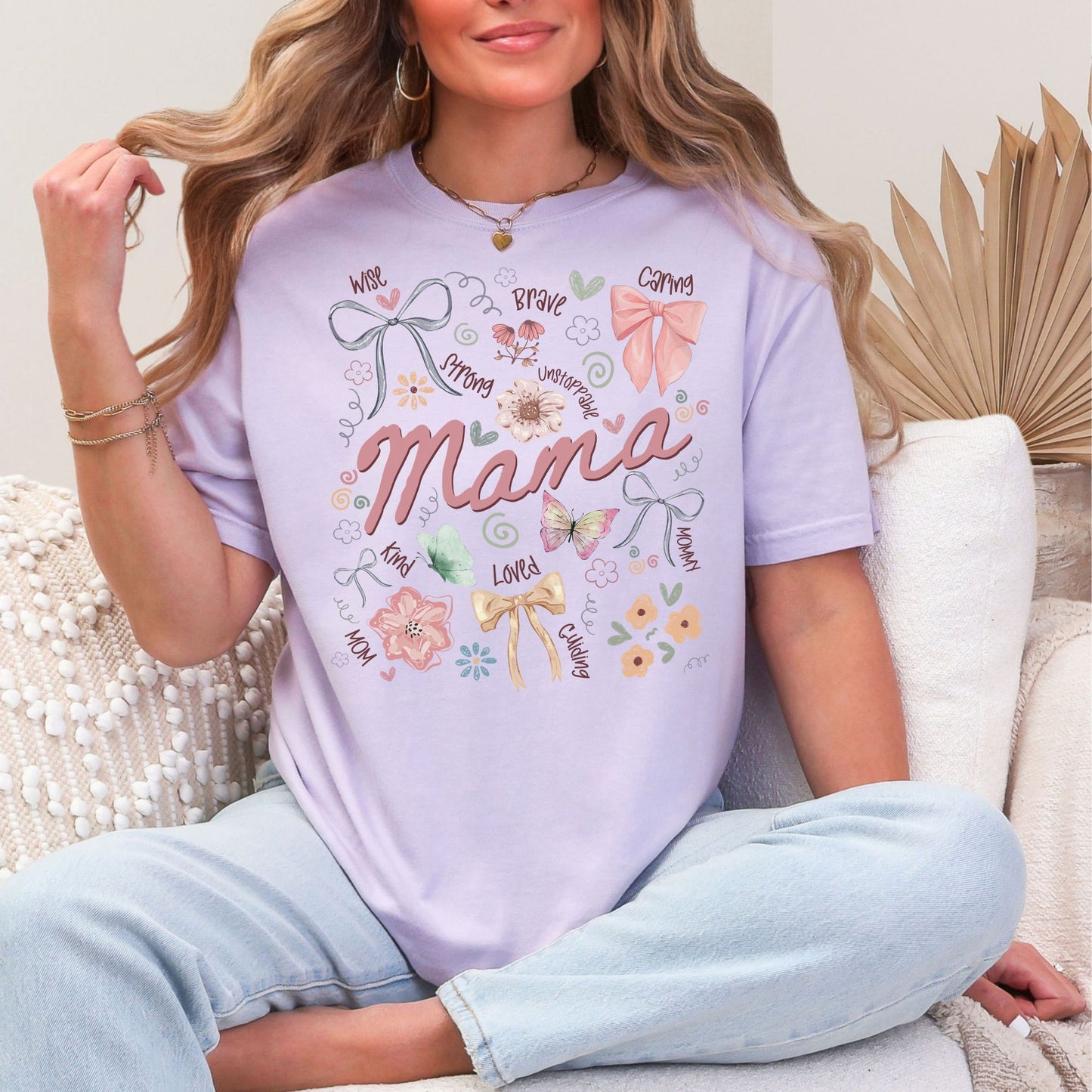 "Mama Coquette Doodle" graphic on soft purple (orchid) t-shirt.