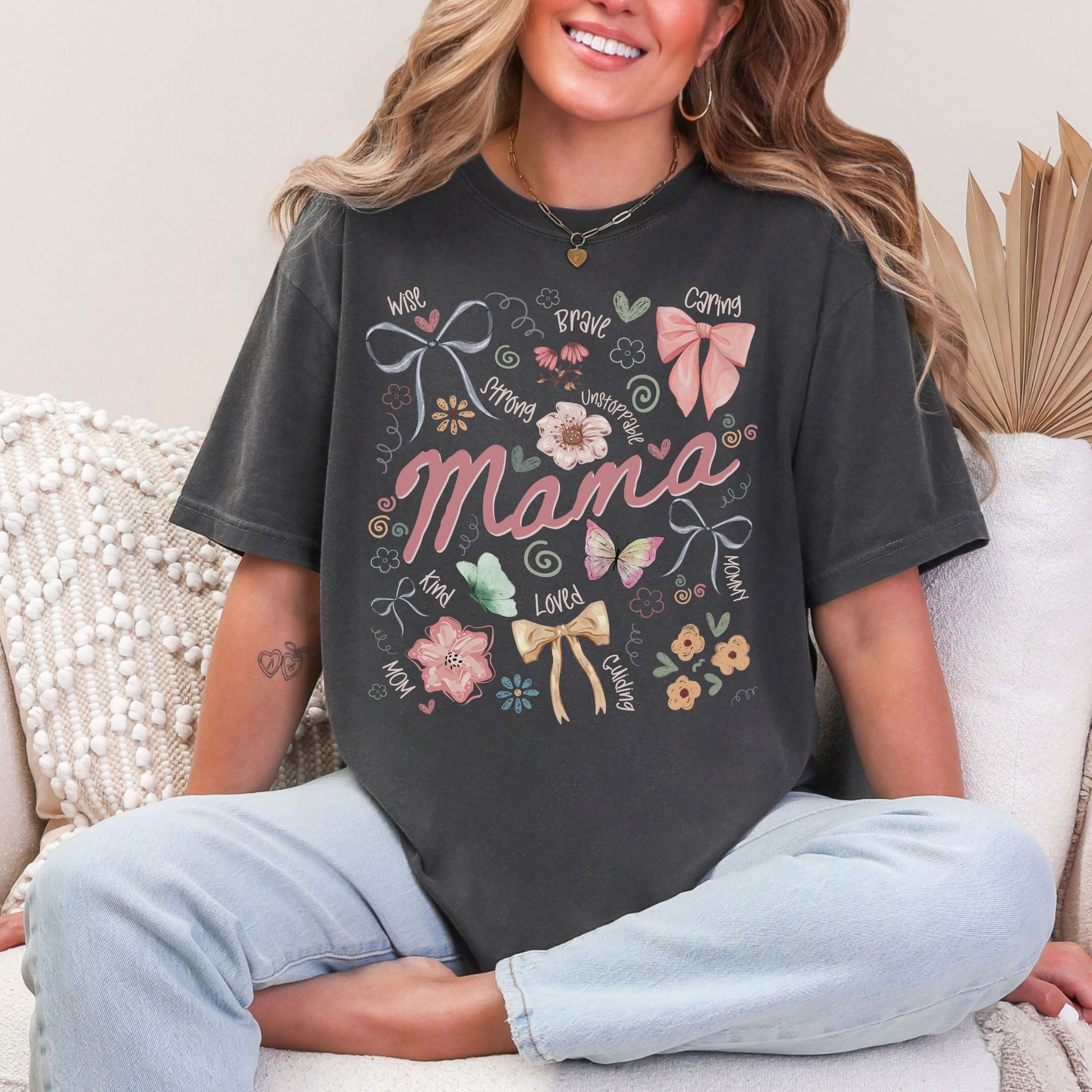 "Mama Coquette Doodle" graphic on dark charcoal gray (pepper) t-shirt.