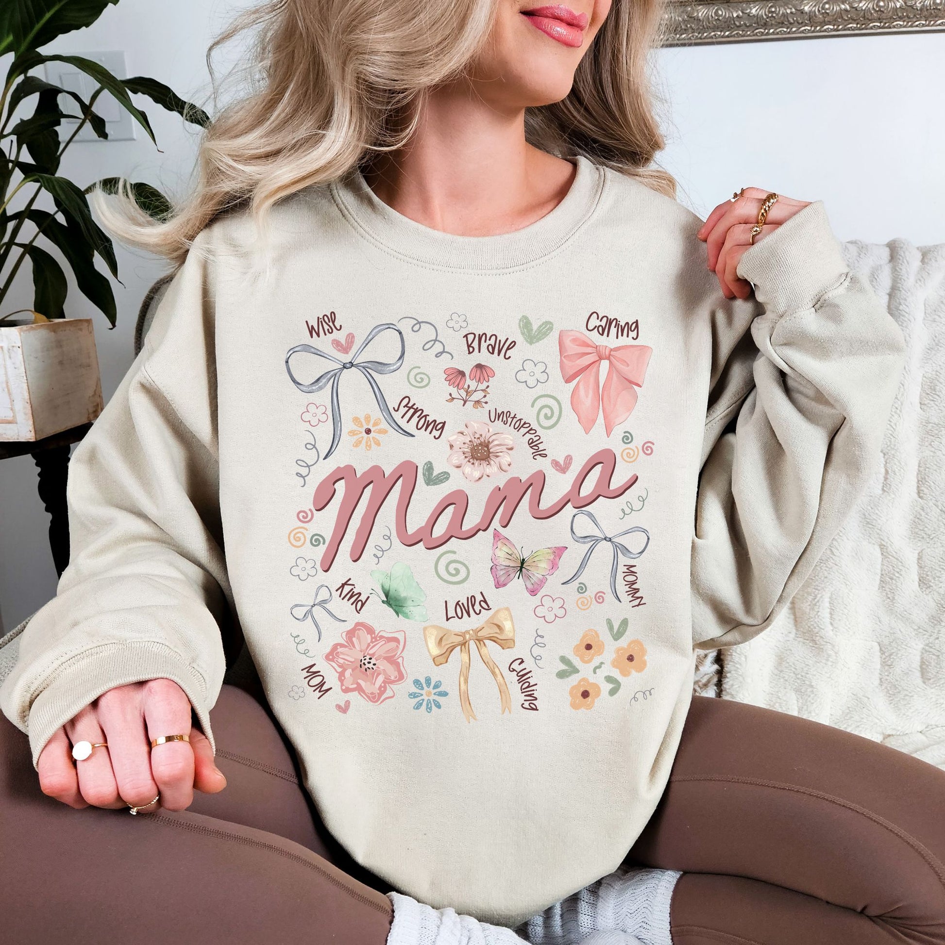 "Mama Coquette Doodle" graphic on light warm beige (sand) sweatshirt