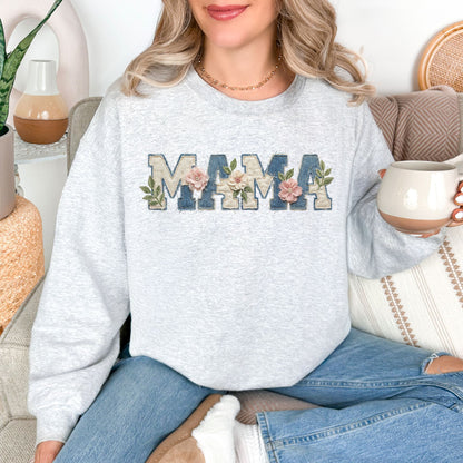 “Mama Faux Patchwork Applique" graphic   light gray (ash) Sweatshirt.