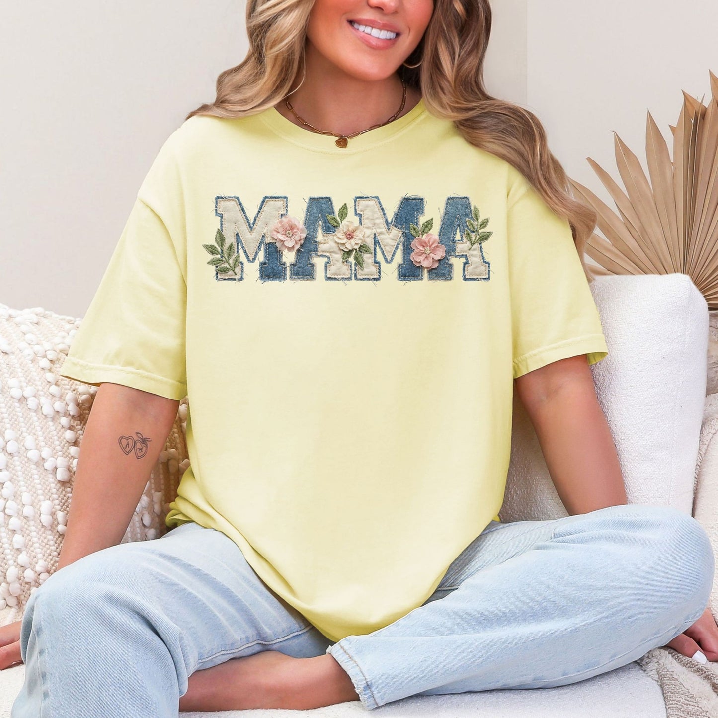“Mama Faux Patchwork Applique"   pastel yellow (banana) T-Shirt.