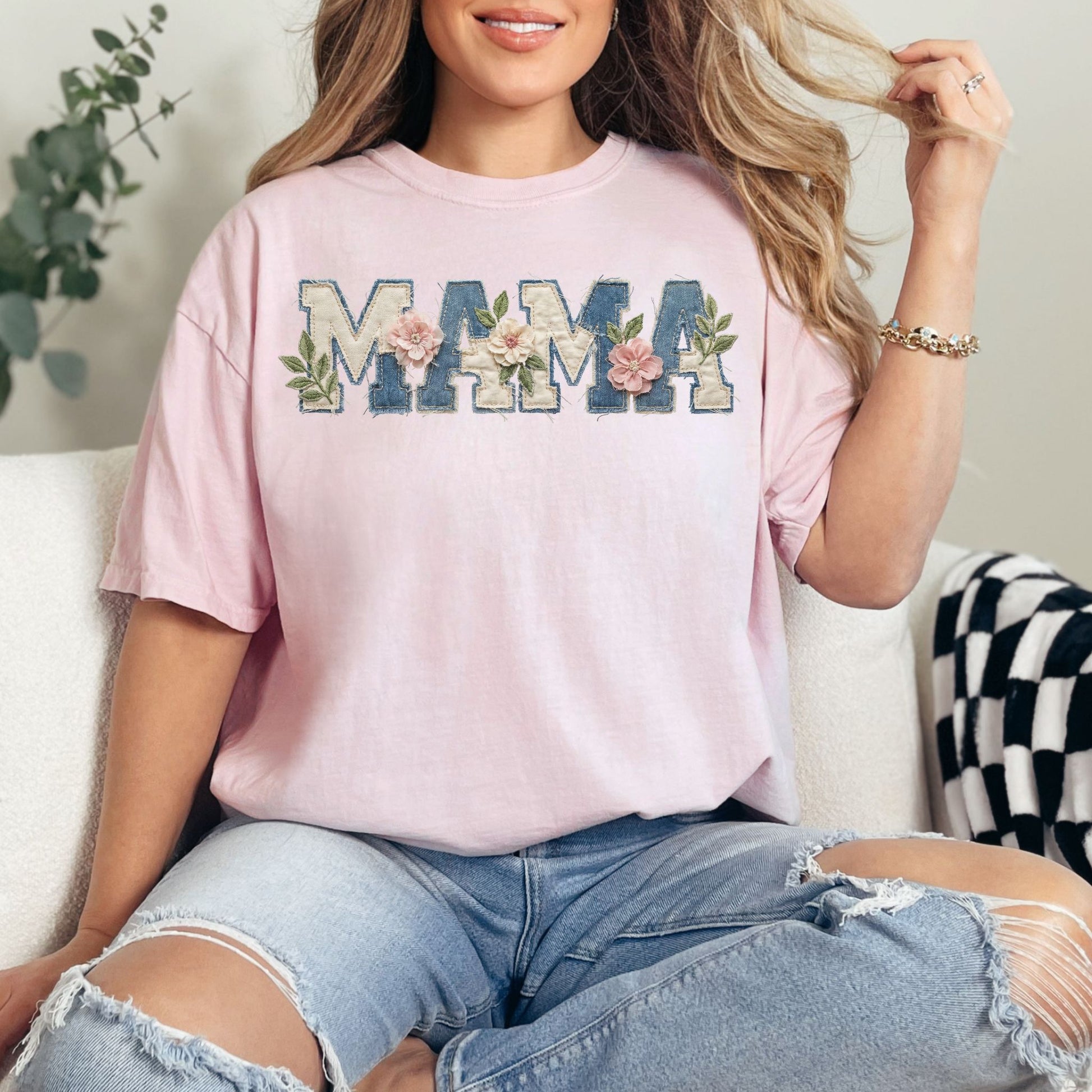 “Mama Faux Patchwork Applique" graphic in soft pink (blossom) T-Shirt.