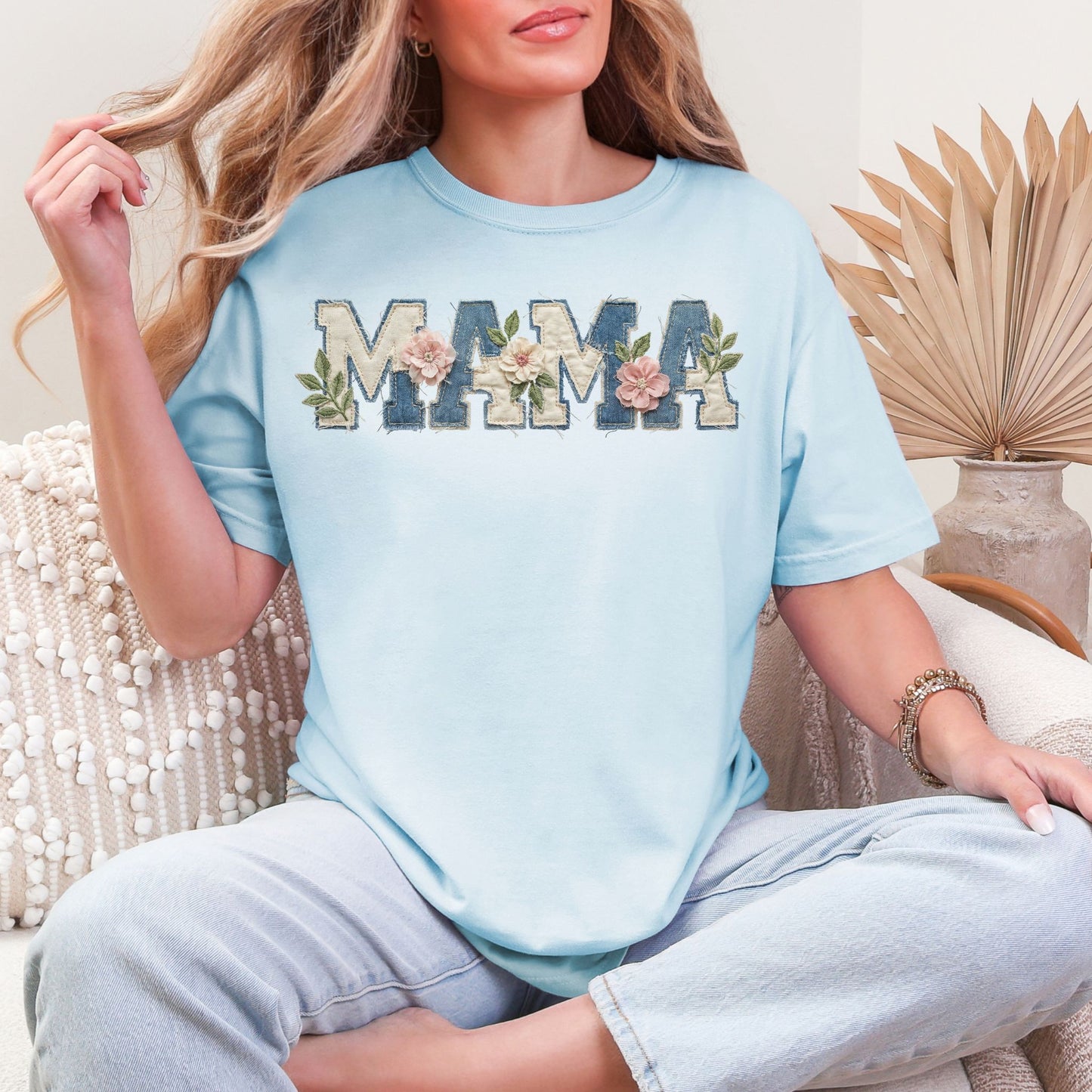 “Mama Faux Patchwork Applique" graphic soft medium blue (chambray) T-Shirt.