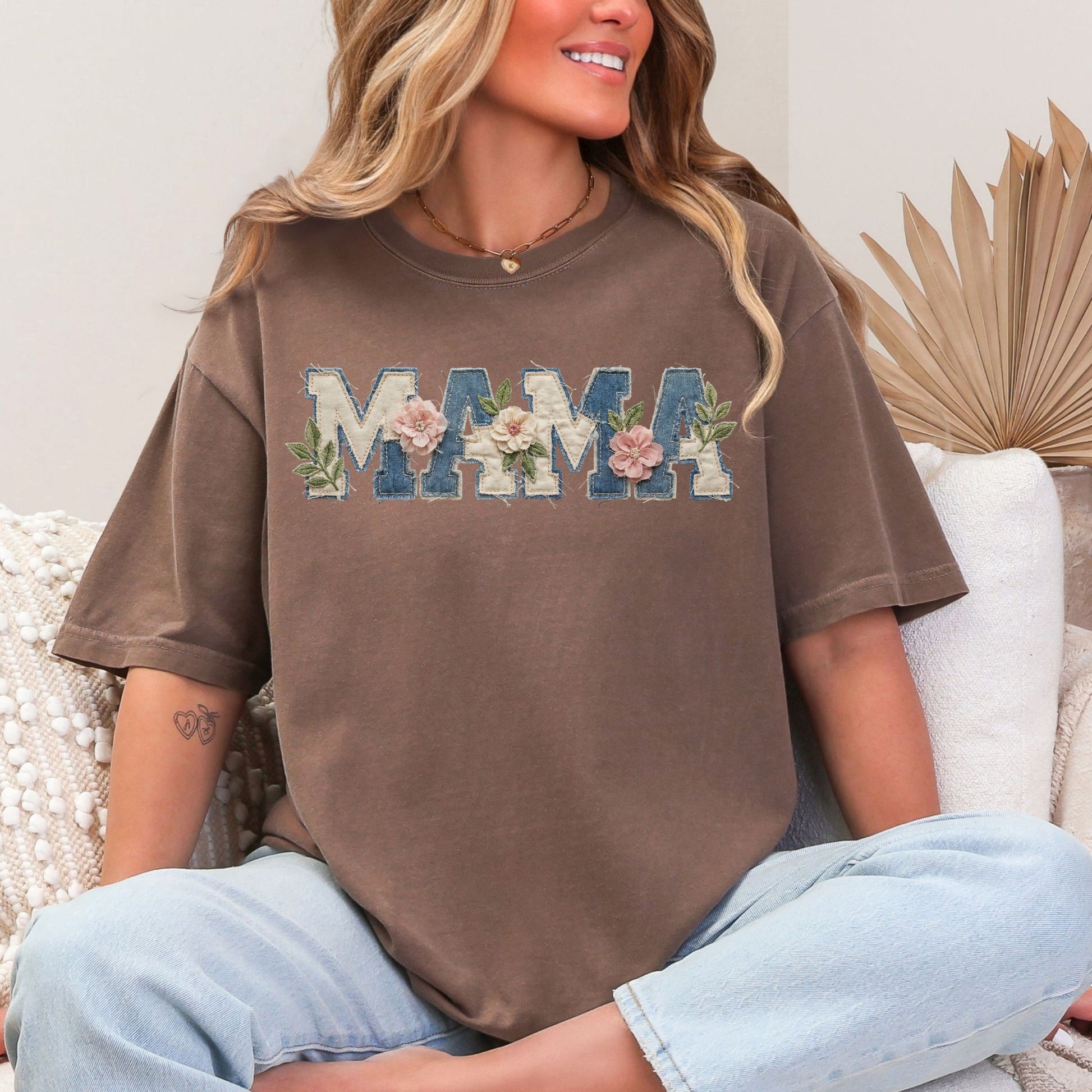 “Mama Faux Patchwork Applique" graphic in rich brown (espresso) T-Shirt.