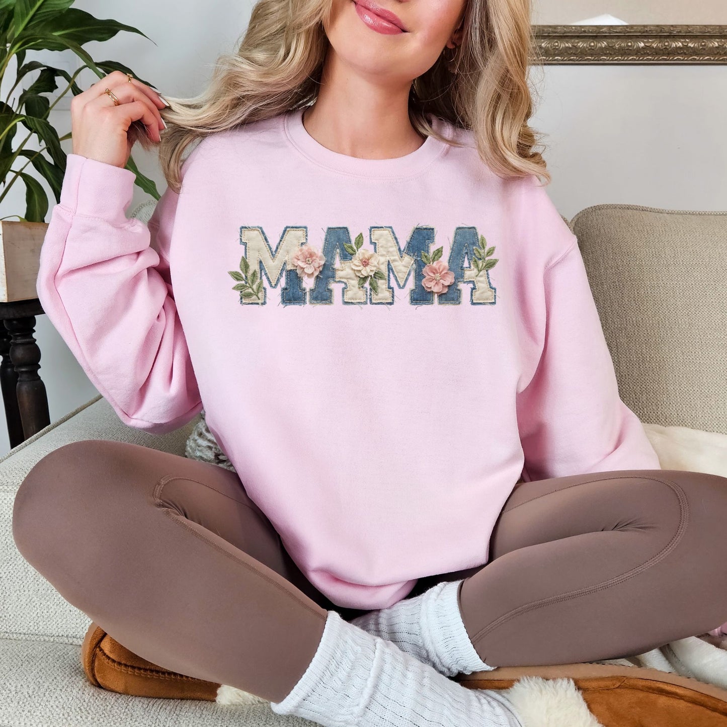 “Mama Faux Patchwork Applique" graphic on soft pale pink (light pink) Sweatshirt.