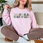 “Mama Faux Patchwork Applique" graphic on soft pale pink (light pink) Sweatshirt.