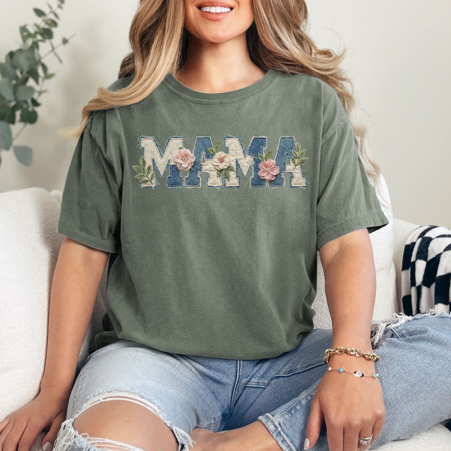 “Mama Faux Patchwork Applique" graphic muted earthy green (moss) T-Shirt.