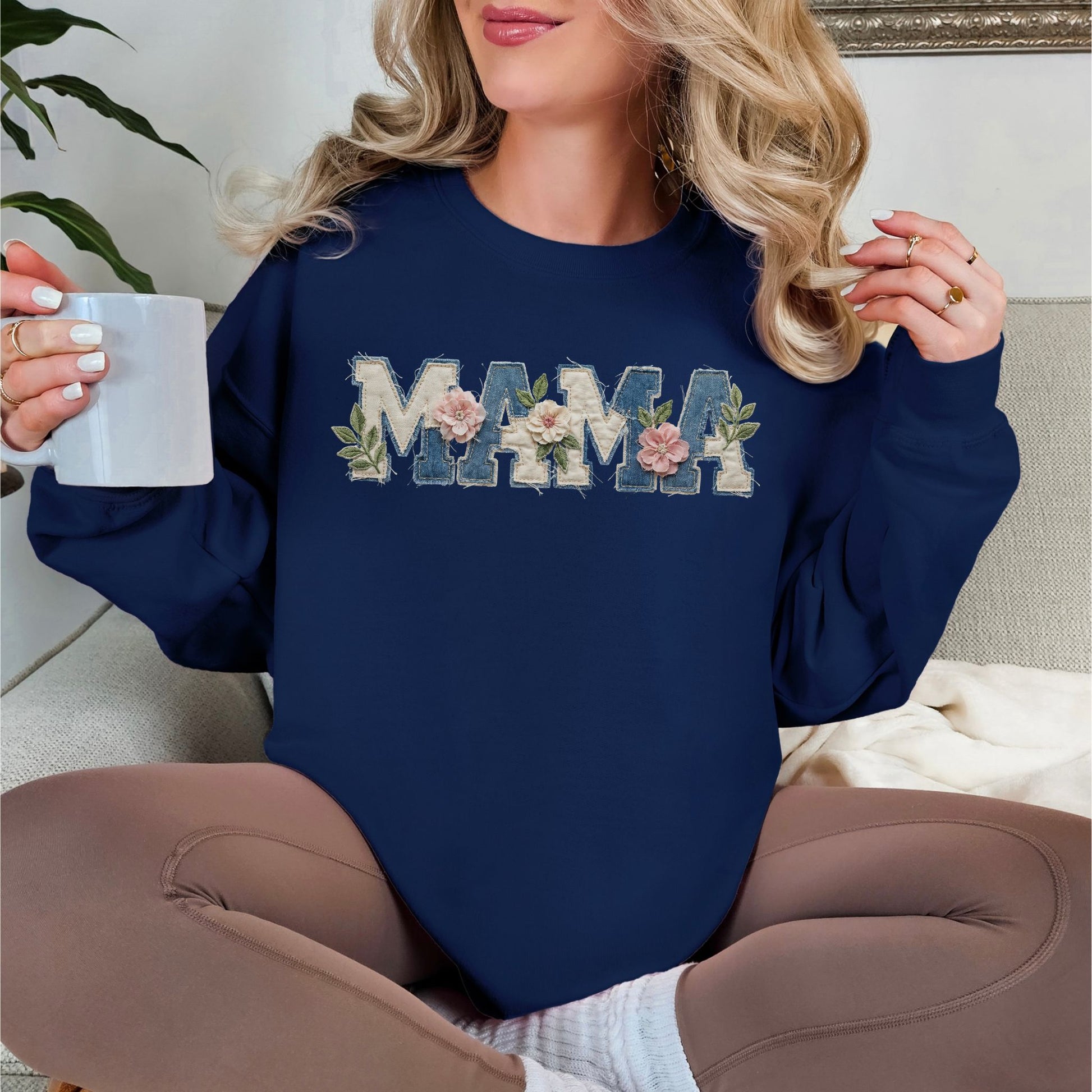 “Mama Faux Patchwork Applique" graphic on deep navy blue (navy) Sweatshirt.