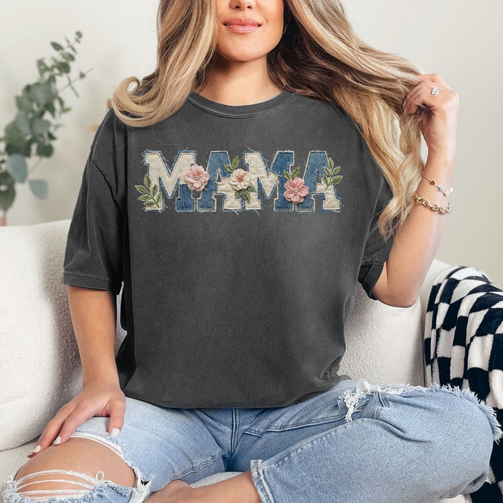 “Mama Faux Patchwork Applique" graphic in dark charcoal gray (pepper) T-Shirt.