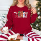 "Merry Christmas Faux Felt Appliqué" graphic on dark red (cardinal red) Gildan 18000 sweatshirt.