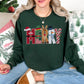 "Merry Christmas Faux Felt Appliqué" graphic on dark green (forest green) Gildan 18000 sweatshirt.