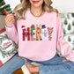 "Merry Christmas Faux Felt Appliqué" graphic on soft pale pink (light pink) Gildan 18000 sweatshirt.
