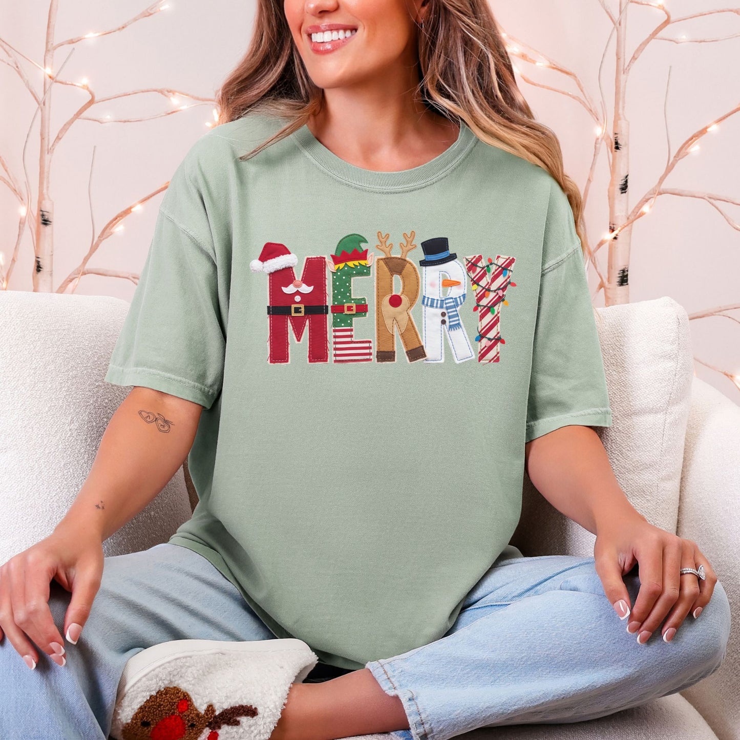 "Merry Christmas Faux Felt Appliqué" graphic on muted teal-green (bay) t-shirt.