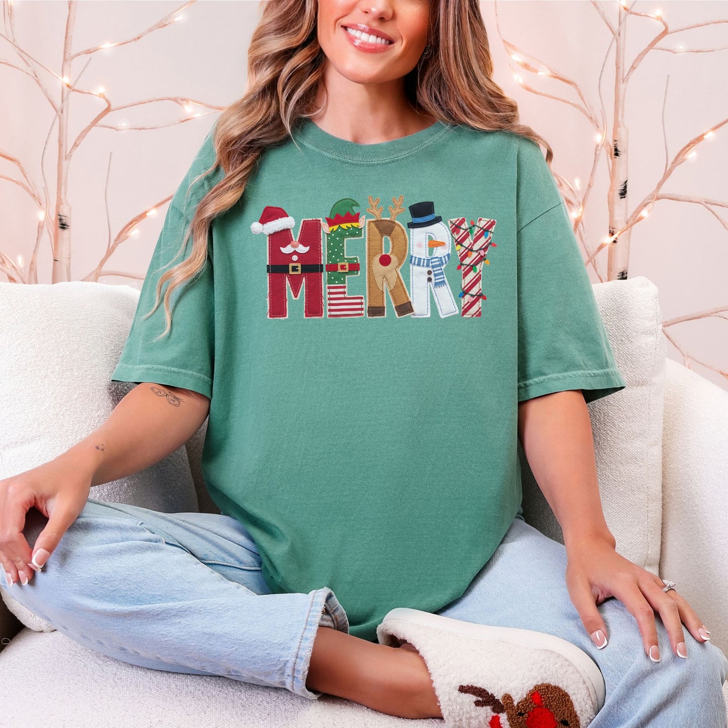 "Merry Christmas Faux Felt Appliqué" graphic on soft light green (light green) t-shirt.