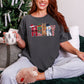 "Merry Christmas Faux Felt Appliqué" graphic on dark charcoal gray (pepper) t-shirt.