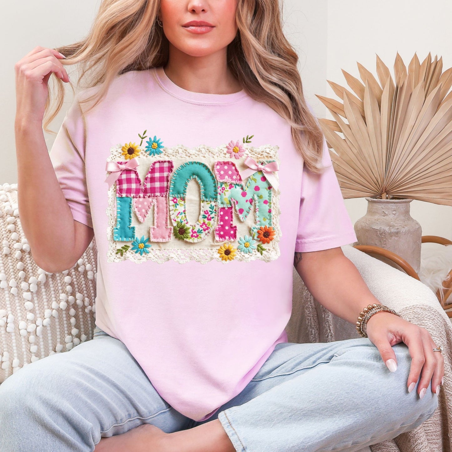 "Mom Patchwork" graphic on color soft pink (blossom) T-Shirt.