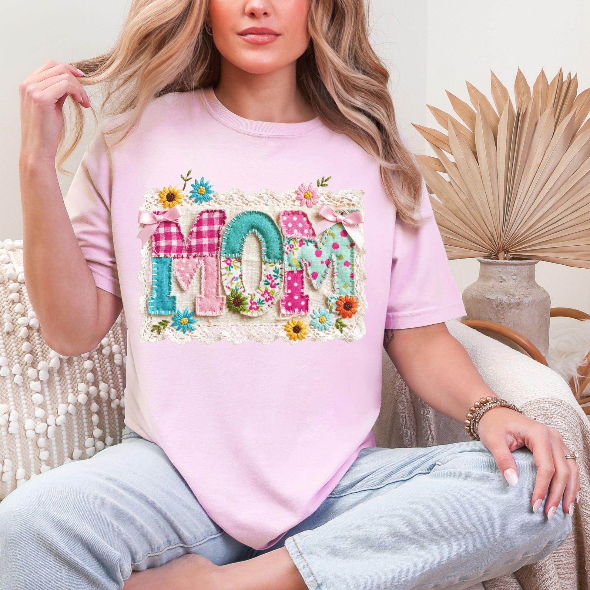 "Mom Patchwork" graphic on color soft pink (blossom) T-Shirt.