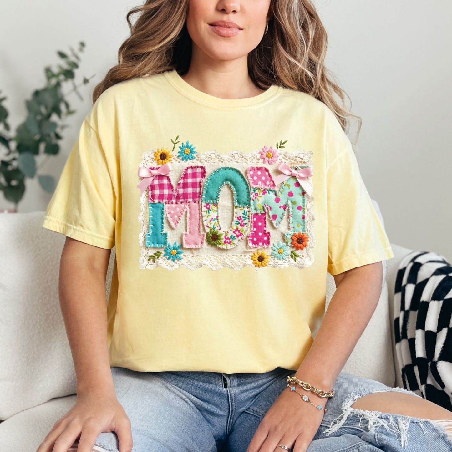 "Mom Patchwork" graphic on color soft yellow (butter) T-Shirt.