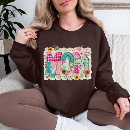 “Mom Patchwork" graphic on deep brown (dark chocolate) sweatshirt.