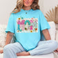 "Mom Patchwork" graphic on color soft medium blue (lagoon blue) T-Shirt.