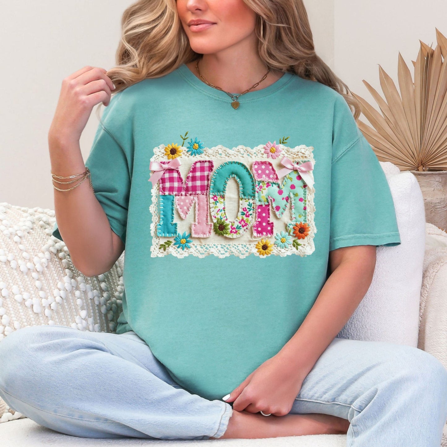 "Mom Patchwork" graphic on color soft pale mint green (seafoam) T-Shirt.