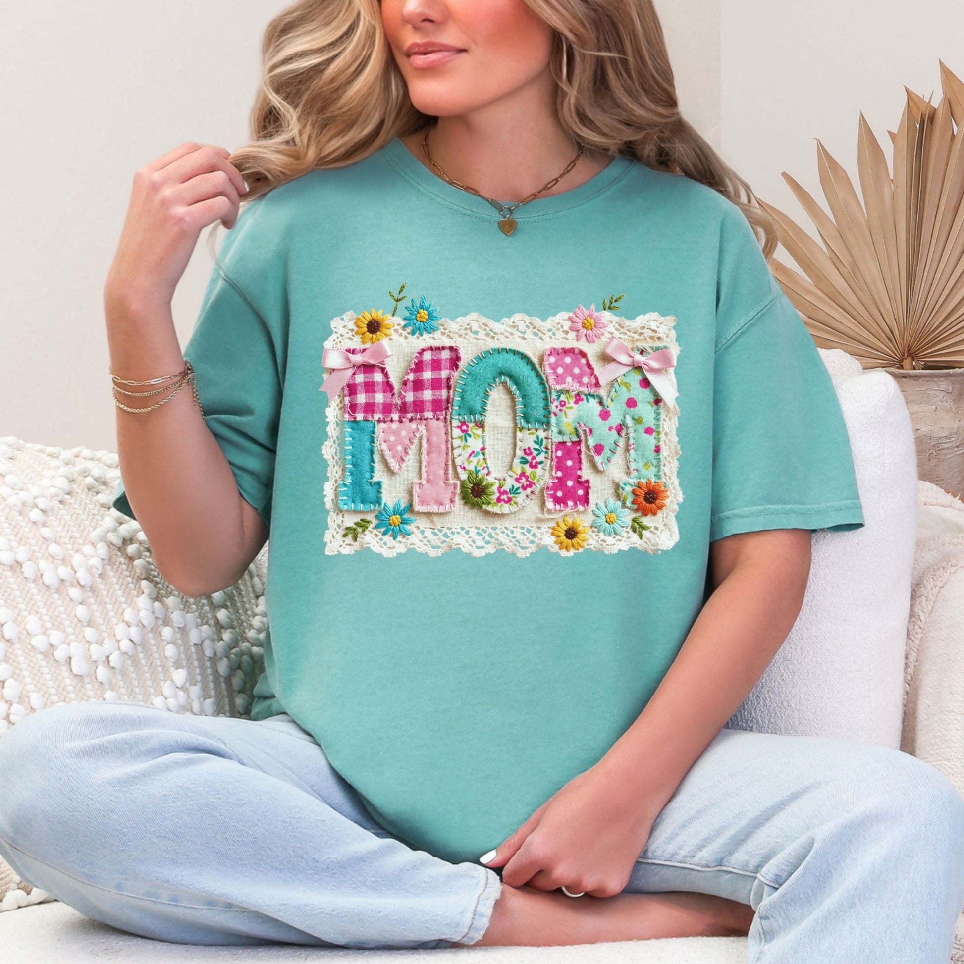 "Mom Patchwork" graphic on color soft pale mint green (seafoam) T-Shirt.
