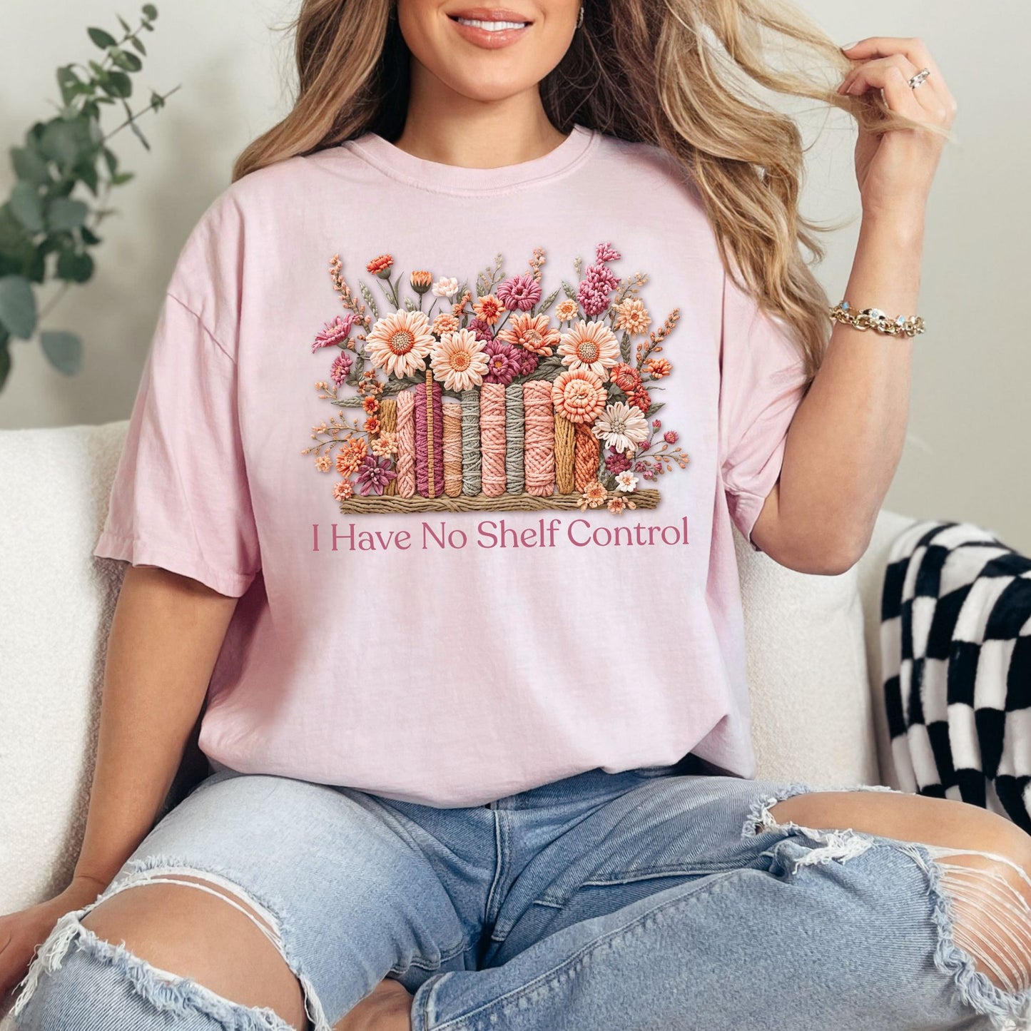 "No Shelf Control" graphic on soft pink (blossom) t-shirt.