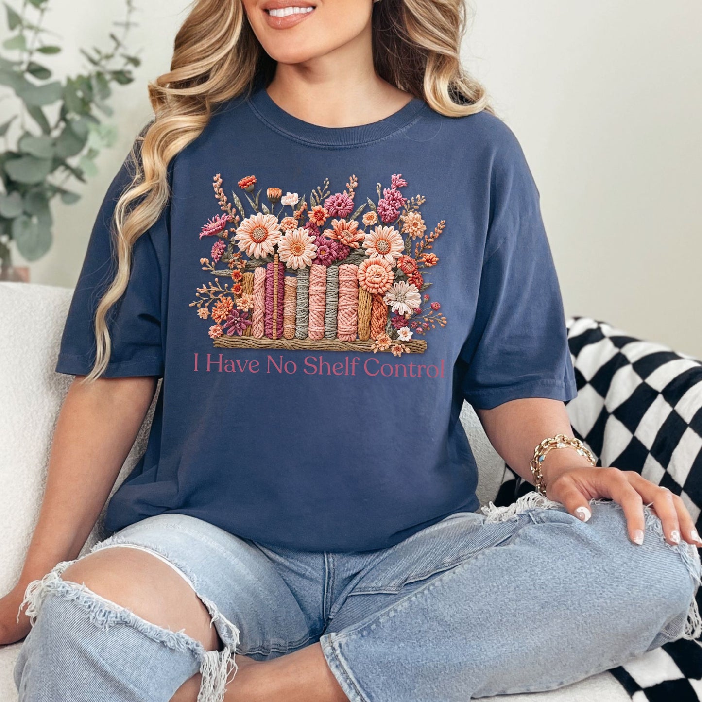 "No Shelf Control" graphic on deep navy blue (navy) t-shirt.