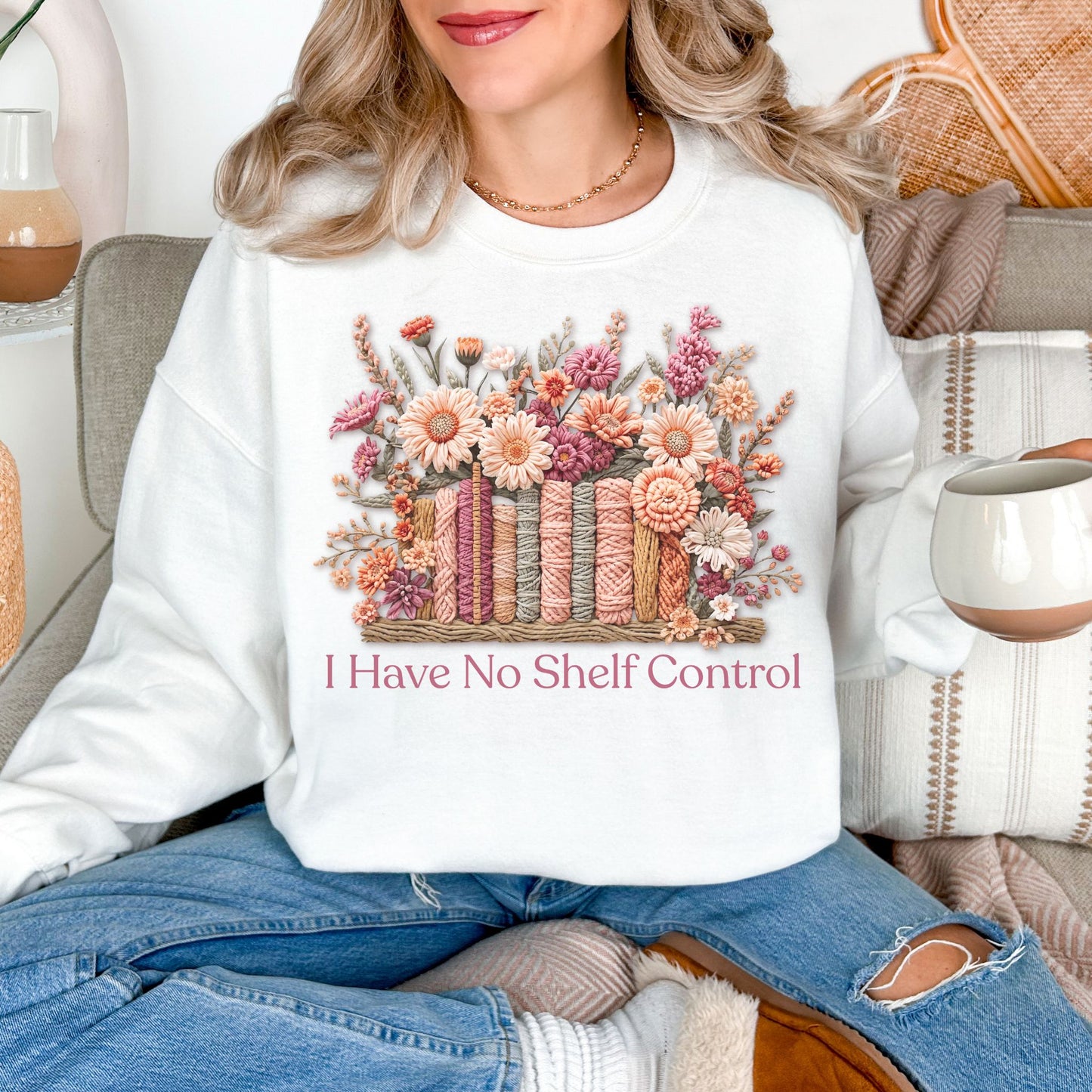"No Shelf Control" graphic on bright white (white) Sweatshirt.