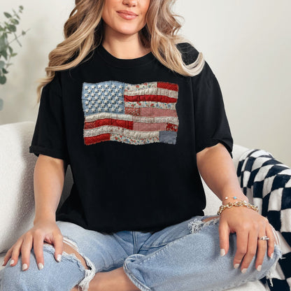 "Faux Patchwork American Flag" graphic on a black T-Shirt.