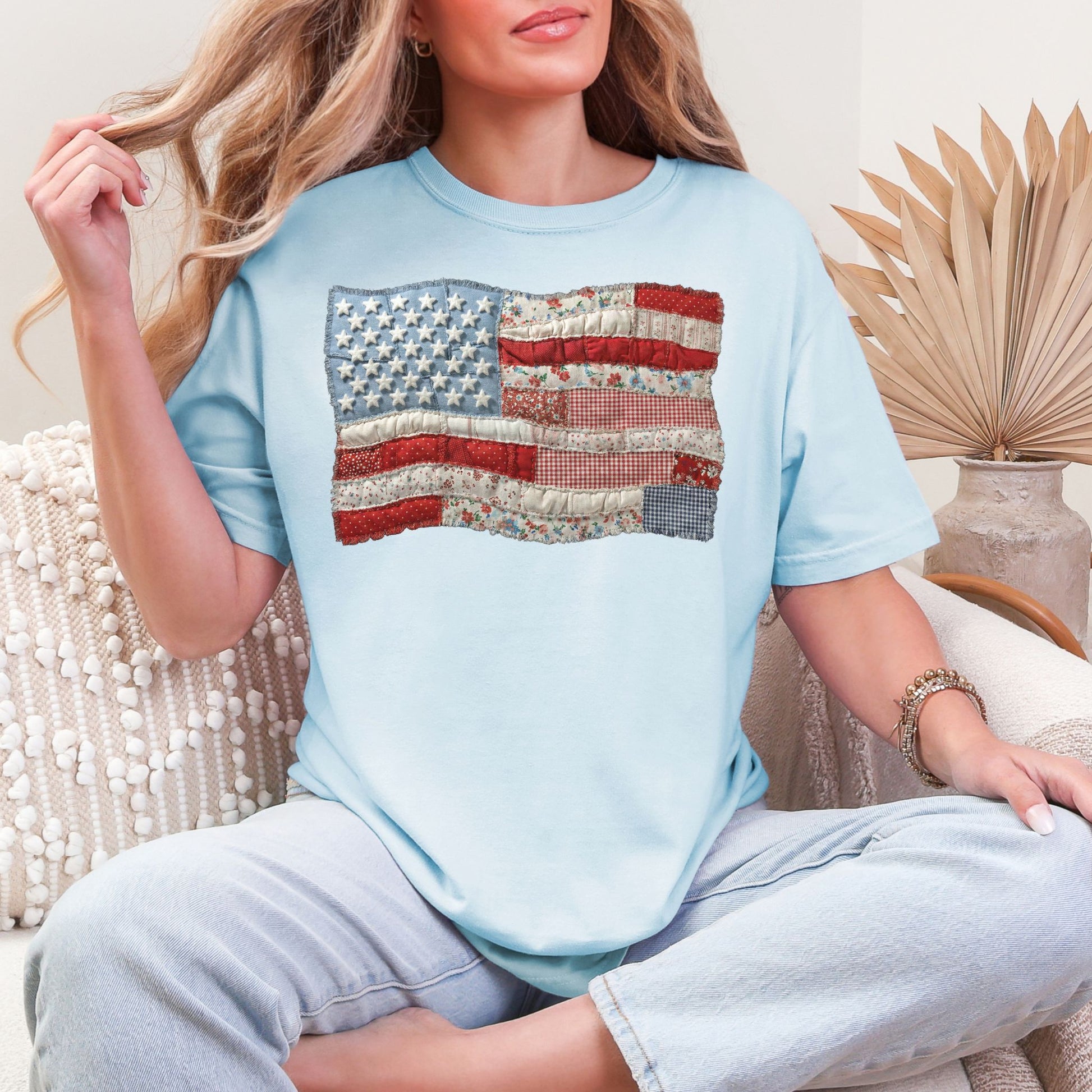 "Faux Patchwork American Flag" graphic on soft medium blue (chambray) T-Shirt.