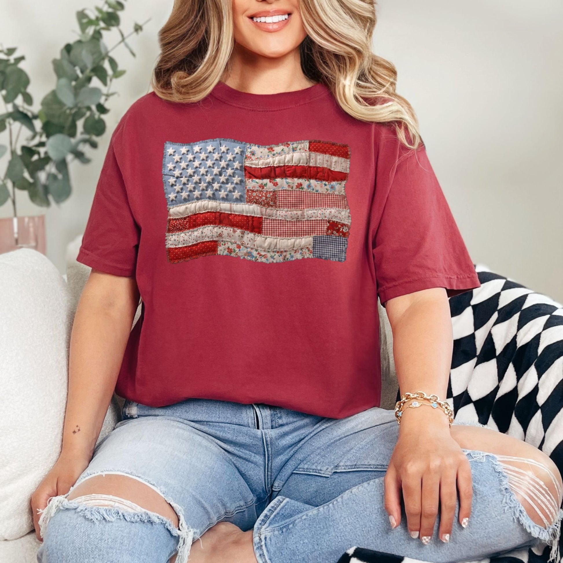 "Faux Patchwork American Flag" graphic on muted brick red (chili) T-Shirt.