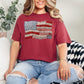 "Faux Patchwork American Flag" graphic on muted brick red (chili) T-Shirt.