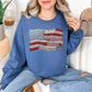 "Faux Patchwork American Flag" graphic on deep muted blue (indigo blue) sweatshirt.