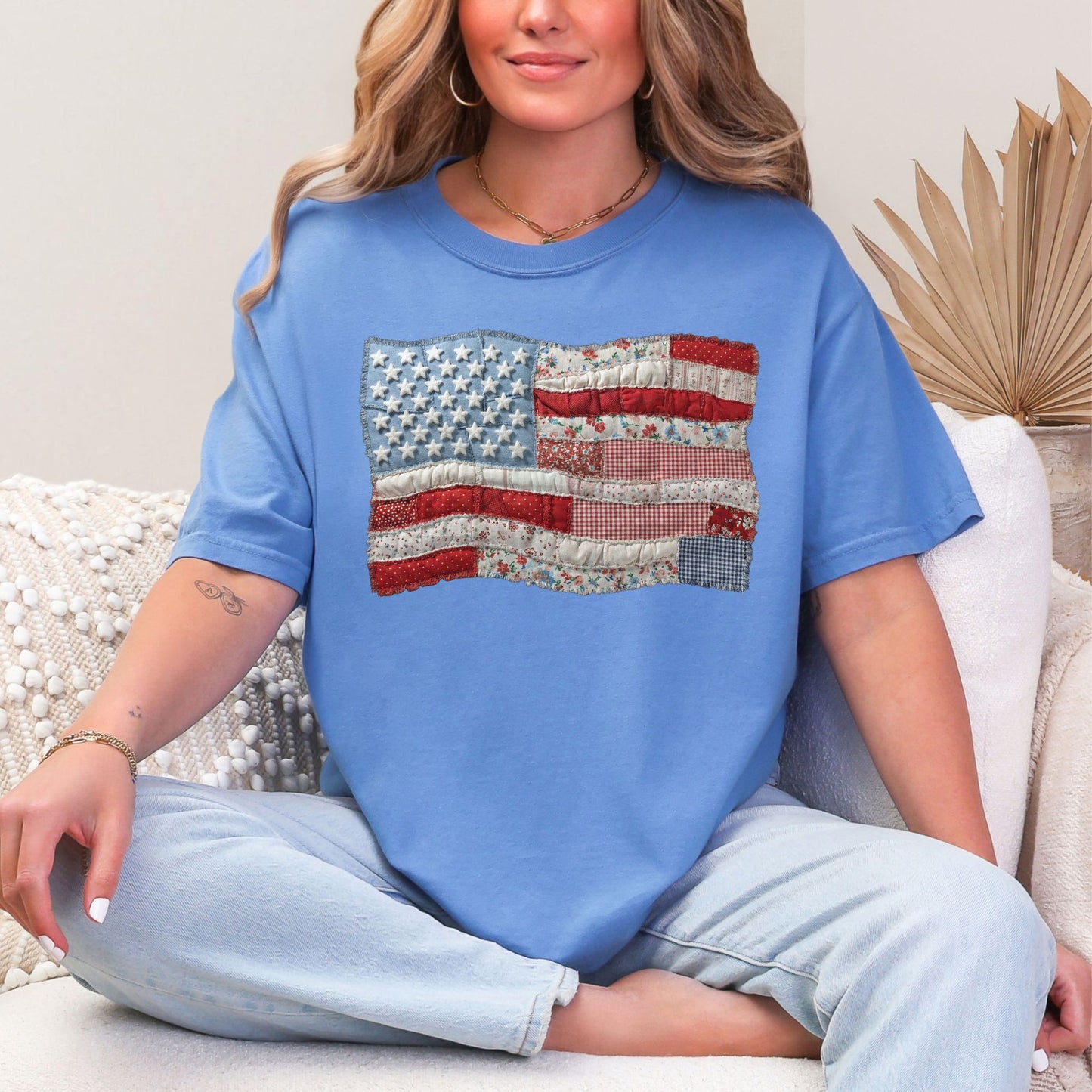 "Faux Patchwork American Flag" graphic on muted blue-green (mystic blue) T-Shirt.