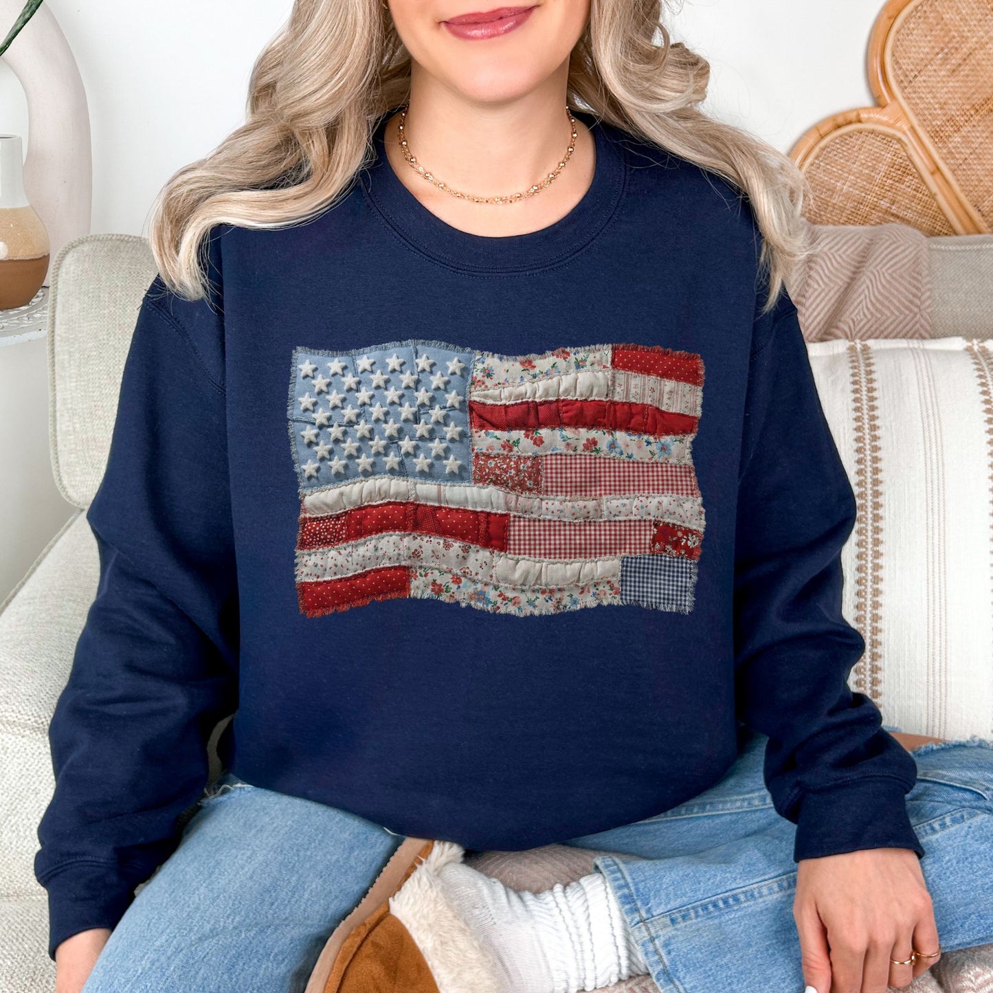 "Faux Patchwork American Flag" graphic on dark blue (navy) sweatshirt.