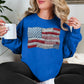 "Faux Patchwork American Flag" graphic on bright medium blue (royal blue) sweatshirt.